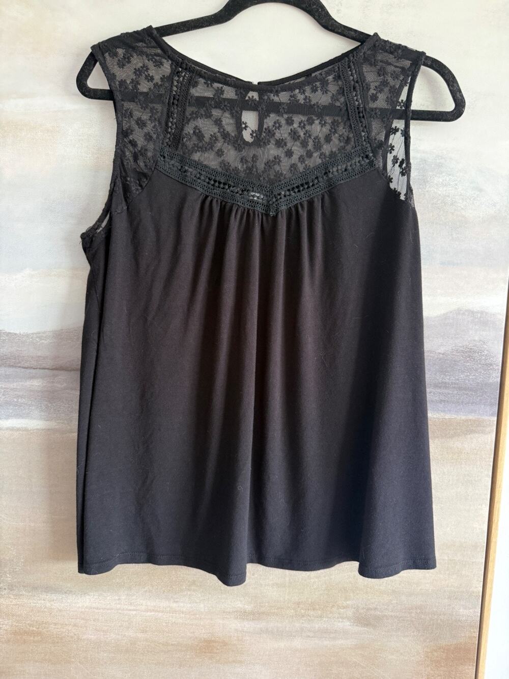 Loveappela Black Lace Floral Trim Rayon/Spandex Tank Top Flowy XL